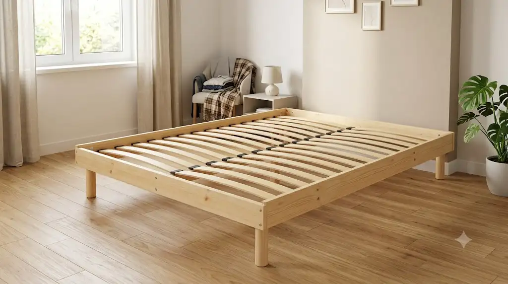 Sommier à lattes pas cher 140x190 en bois clair posé dans une chambre adulte moderne