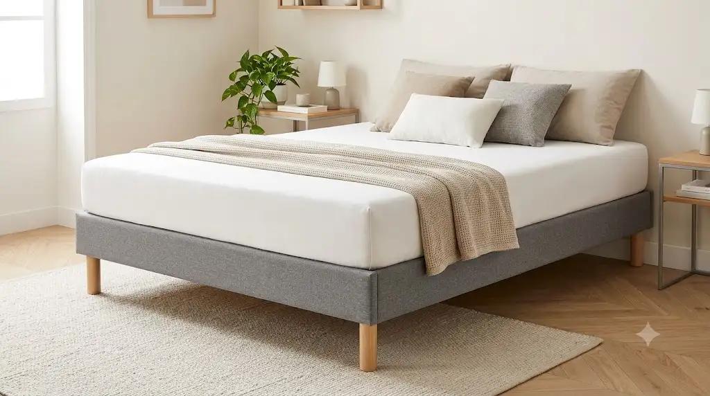 Sommier tapissier pas cher 140x190 en tissu gris dans une chambre moderne