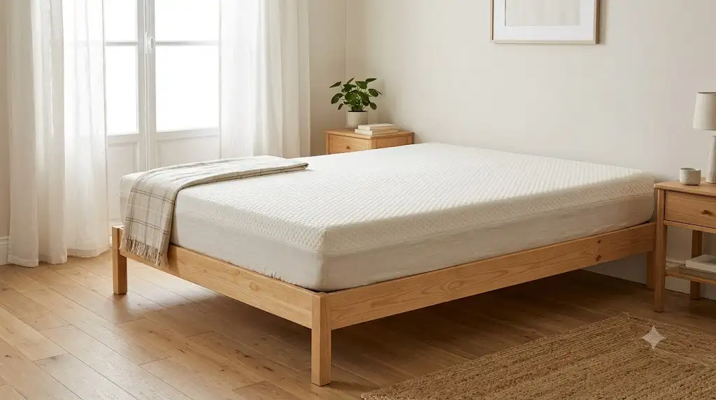 matelas latex pas cher posé sur un sommier en bois dans une chambre lumineuse.
