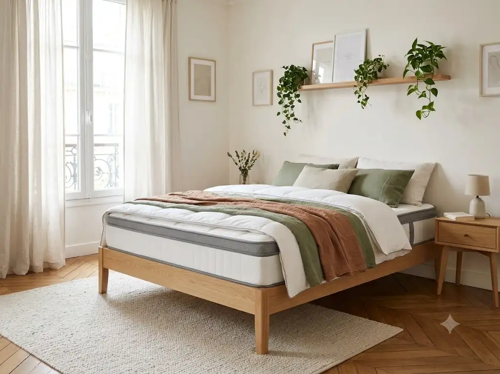 Matelas hybride pas cher installé sur un sommier en bois dans une chambre lumineuse