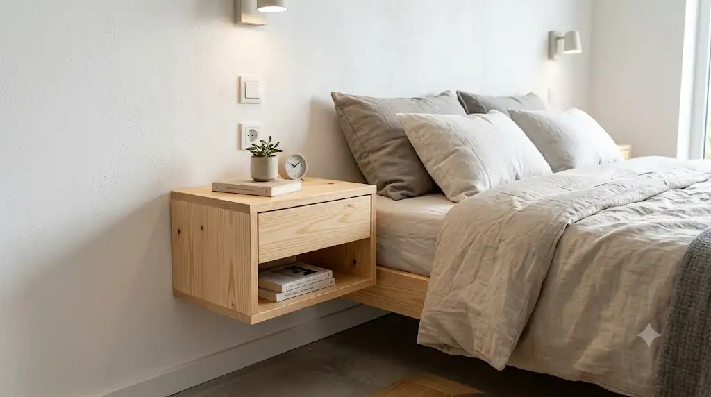 Table de chevet suspendue pas cher en bois clair fixée au mur dans une chambre moderne. (chevet suspendu pas cher)