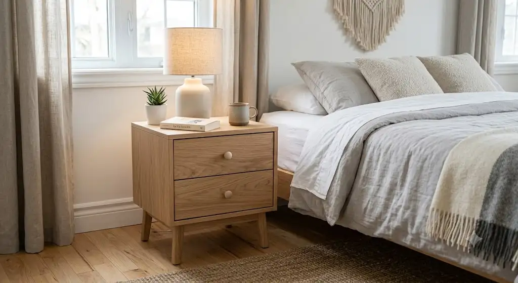 Table de chevet à tiroirs pas cher en bois clair installée dans une chambre au style scandinave