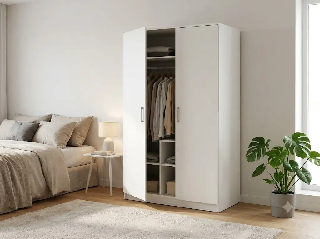 Armoire 2 portes pas cher en bois blanc contemporain pour chambre d'adulte avec penderie intégrée