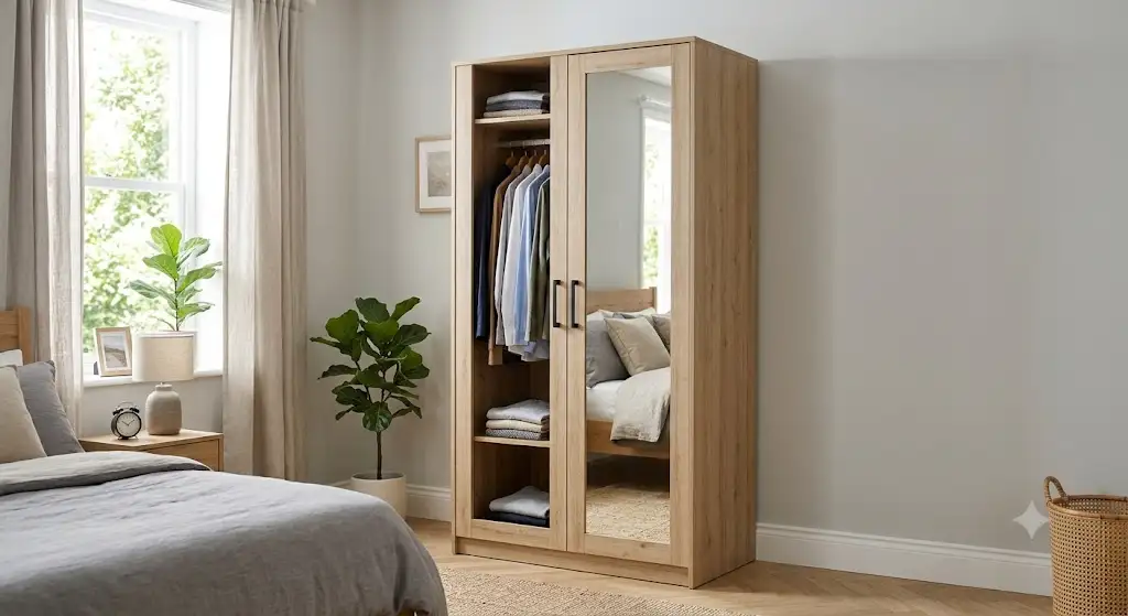 Armoire avec miroir pas cher au design moderne pour chambre à coucher, idéale pour optimiser l'espace de rangement.