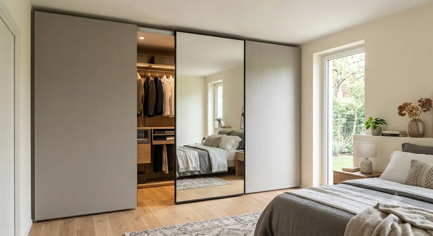Armadio ad anta scorrevole dal design moderno in legno chiaro per camera da letto