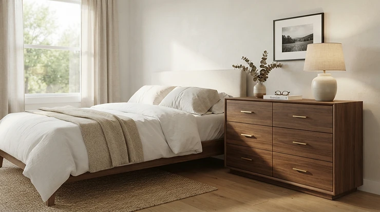 Elegante cassettiera camera da letto in legno massello con cassetti capienti e design moderno in una stanza luminosa