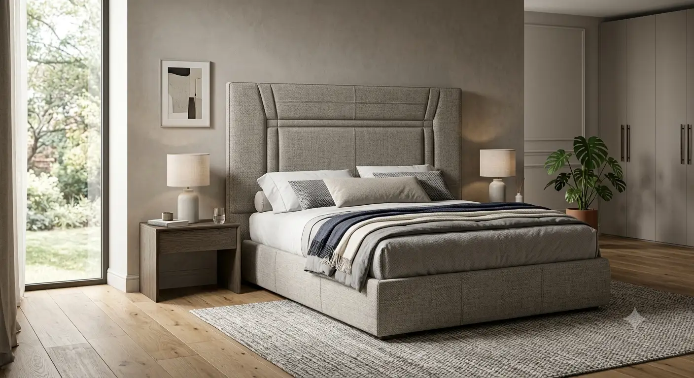 Letto imbottito moderno con testiera design ed elegante in una camera da letto matrimoniale