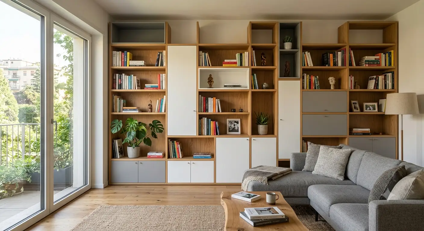Libreria componibile a parete per soggiorno moderno con ripiani regolabili