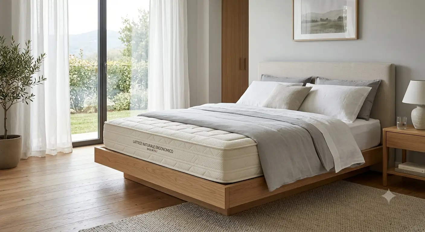 Materasso in lattice matrimoniale ergonomico posizionato su un letto moderno in una camera da letto luminosa.